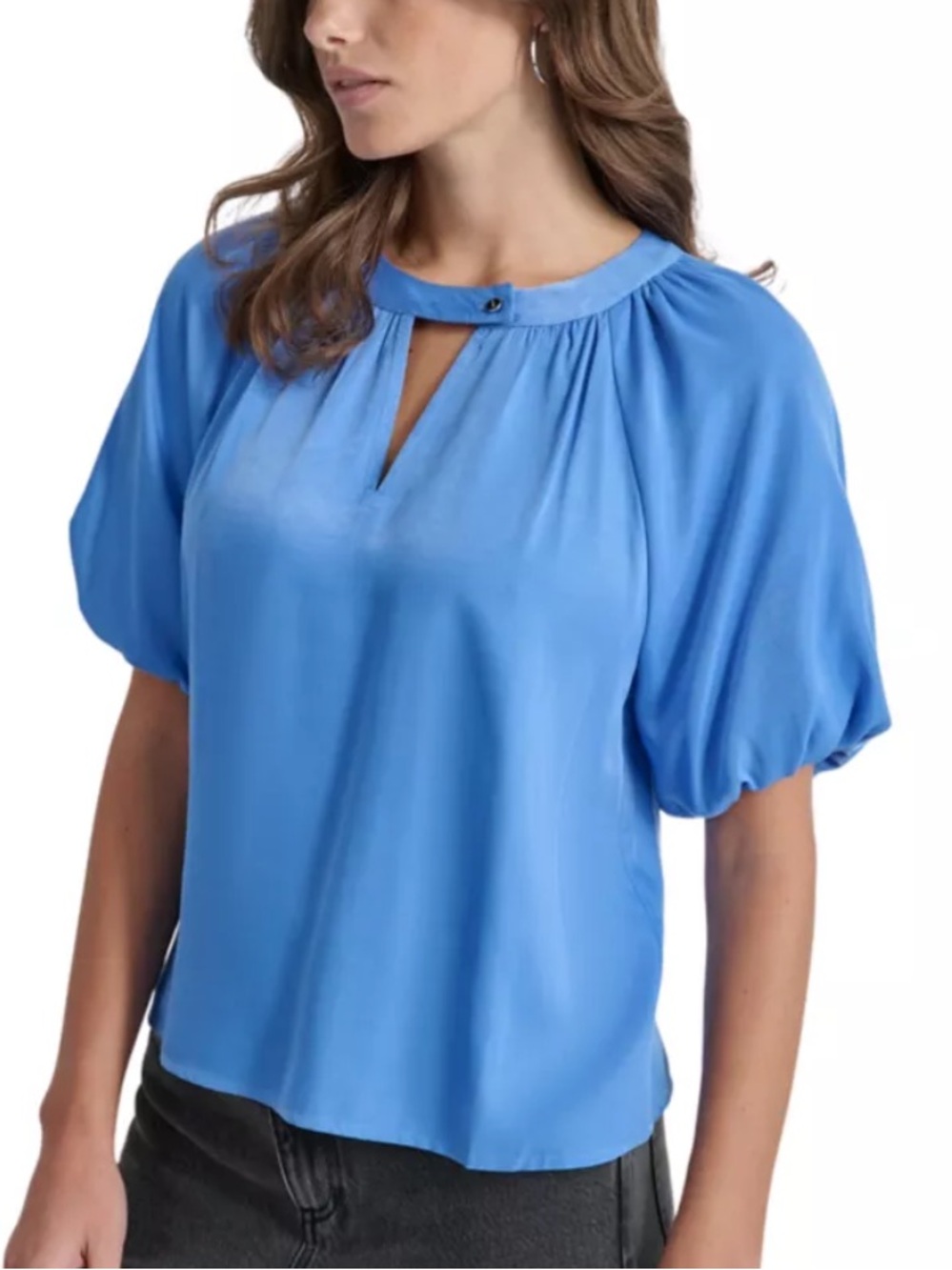 DKNY Light Blue Short Sleeve Blouse with Keyhole Neck